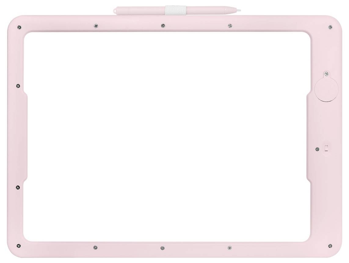 Pink tablet-etui med tomt hvidt skærmbillede og en matchende stylus fastklippet øverst.