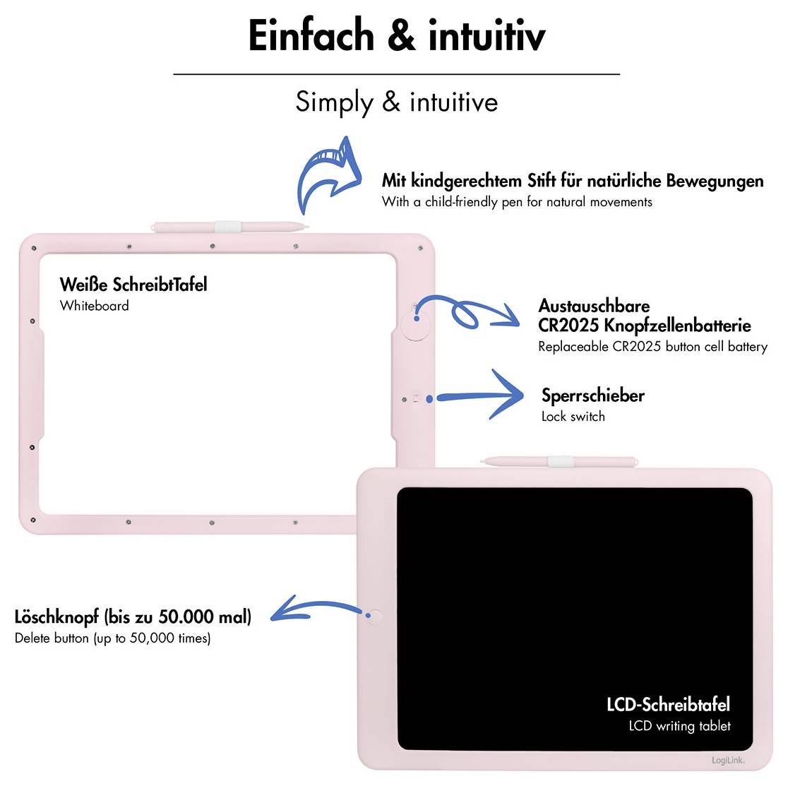 Pink LCD-skrivtablet og whiteboard mærket med funktioner: barnvenlig pen, udskiftelig CR2025-batteri, låsekontakt og sletknap op til 50.000 gange.