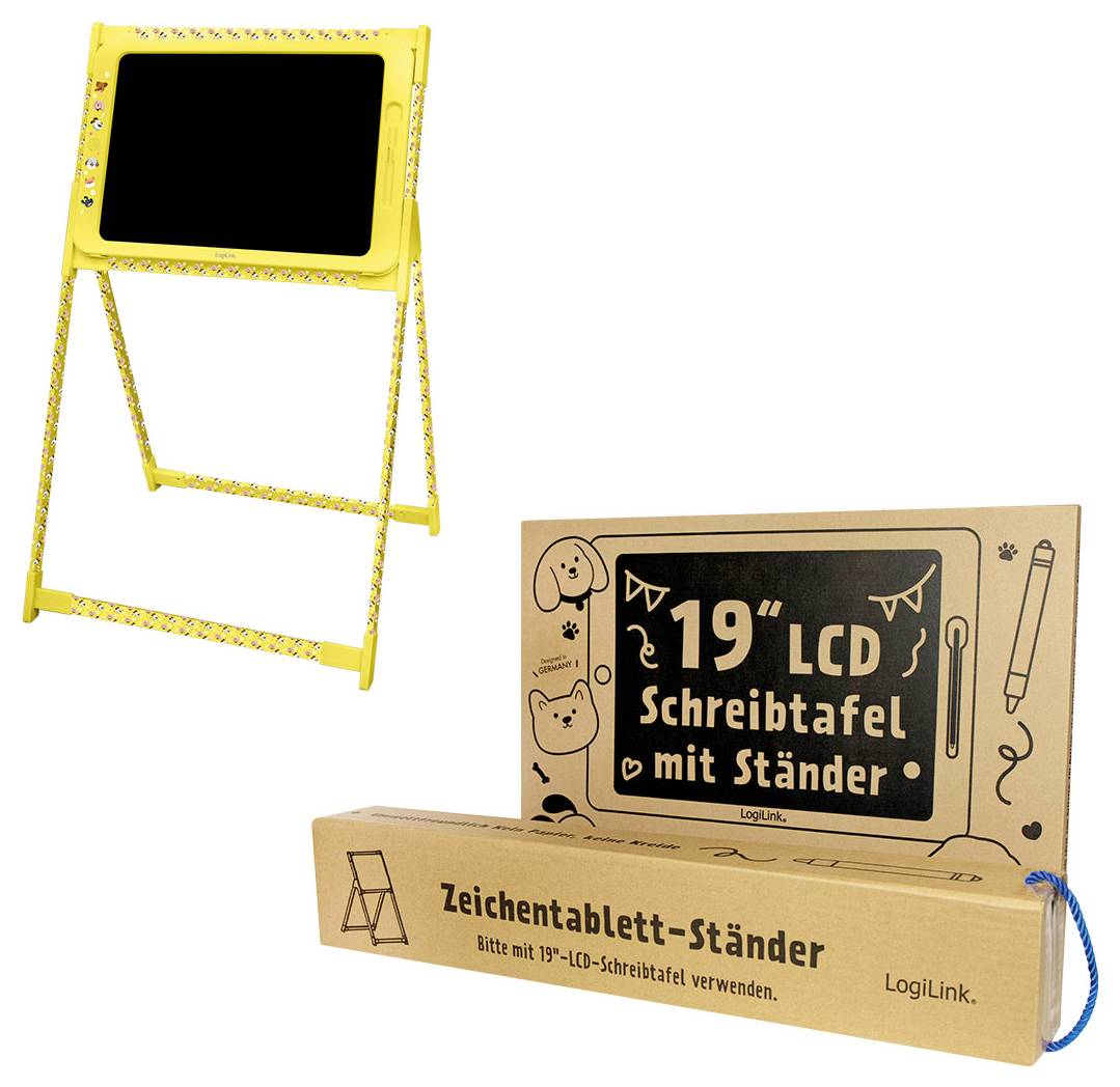Gul folde-børnetegnetavle-stativ vist med sin pap-emballage mærket '19" LCD Schreibtafel mit Ständer' og 'Zeichentablett-Ständer'.