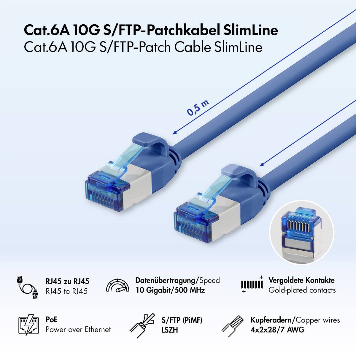 Produktbillede af Cat.6A 10G S/FTP SlimLine patchkabel, der viser RJ45-stik, 0,5 m længde og ikoner for RJ45-til-RJ45, PoE, 10 Gigabit/500 MHz, guldbelagte kontakter og kobbertråde.