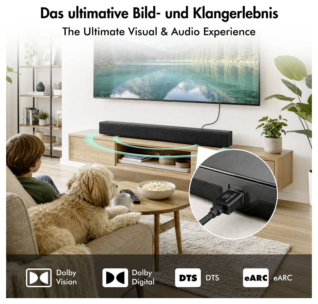 Stue med TV over en soundbar, vist som en "ultimativ visuel & audio-oplevelse"; indsættet zoom fremhæver soundbarens kabelforbindelse og Dolby/DTS/eARC-logoer.
