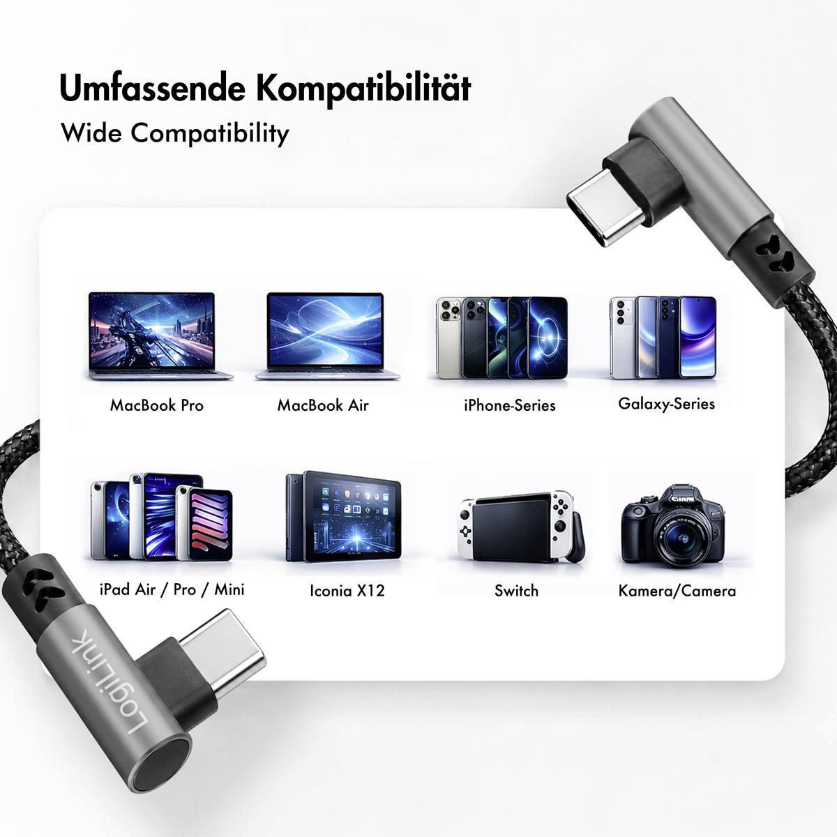 Grafik, der viser bred kompatibilitet for et USB-C-kabel med MacBook Pro/Air, iPhone og Galaxy-serien, iPad, Iconia X12, Switch og kamera.