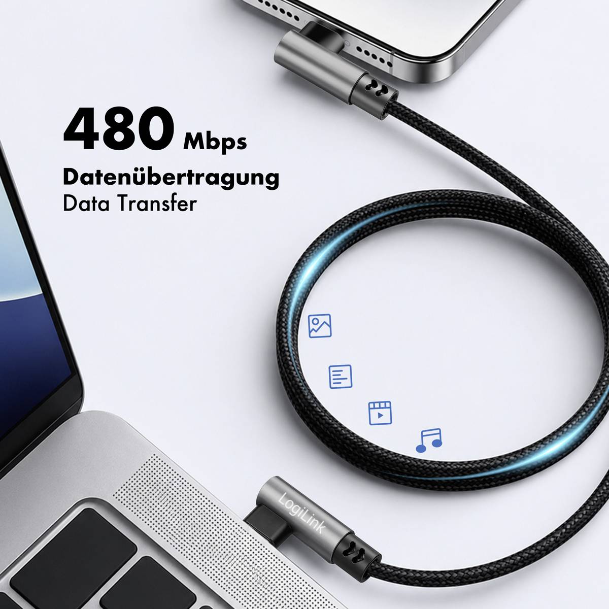 Promobillede af et flettet USB-C-kabel forbundet til enheder, der fremhæver '480 Mbps' dataoverførsel.