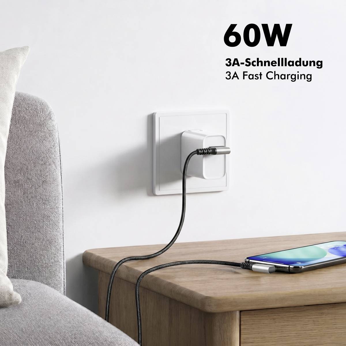Vægoplader og telefon på et natbord med teksten '60W 3A-Schnellladung 3A Fast Charging', som viser hurtig opladning via kabel.