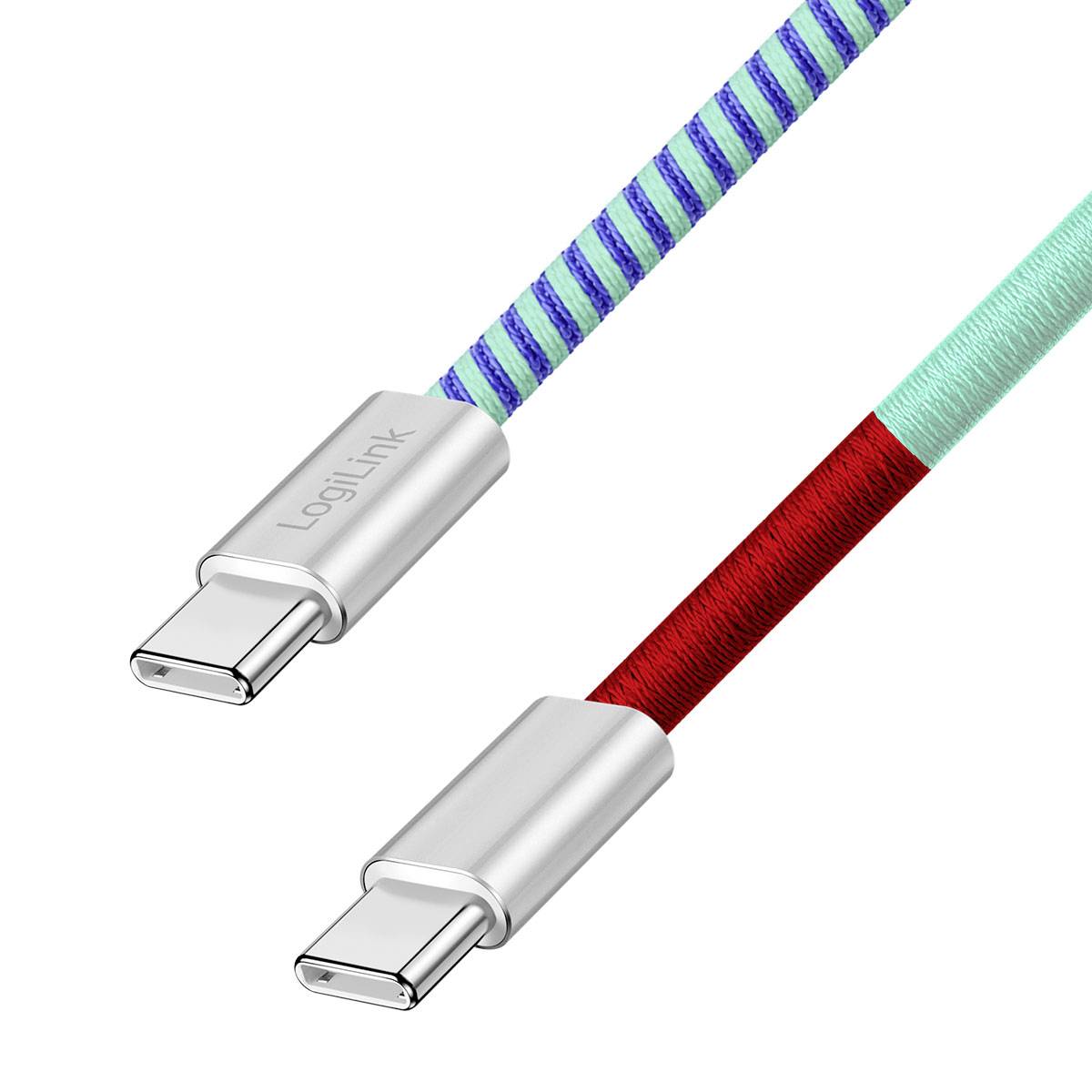 To USB-C-kabelender med sølvforbindelser; den ene stribet blå-lilla, den anden mint og rød, vist på hvid baggrund.