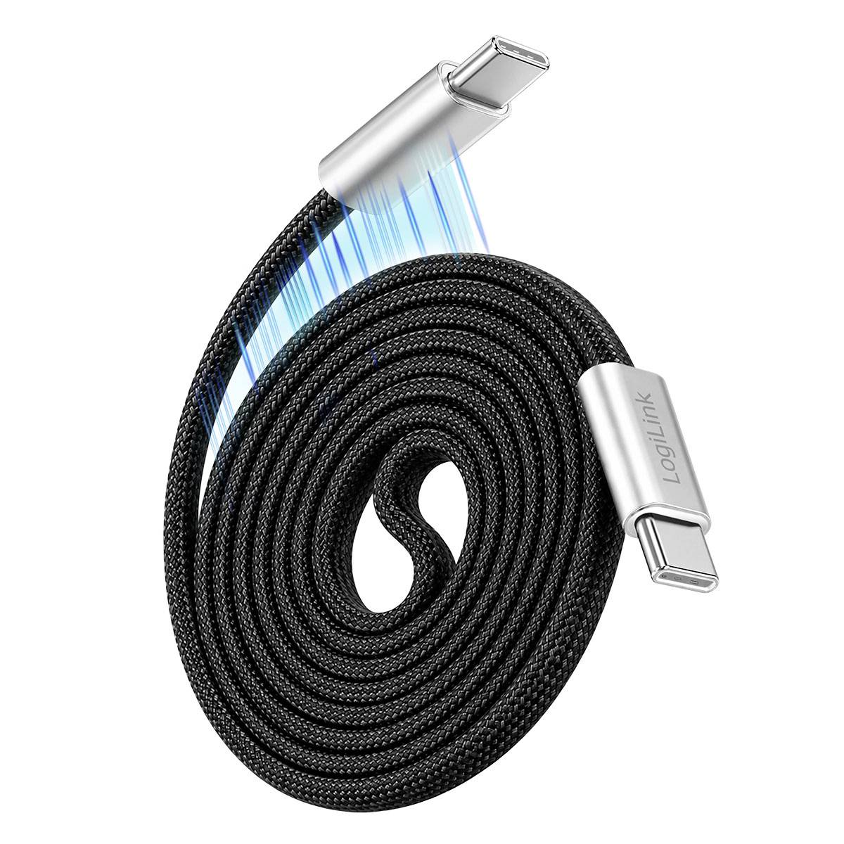 Oprullet sort flettet USB-C-opladningskabel med sølvfarvede stik på hvid baggrund, vist med blyt lyn for at indikere hurtig opladning.