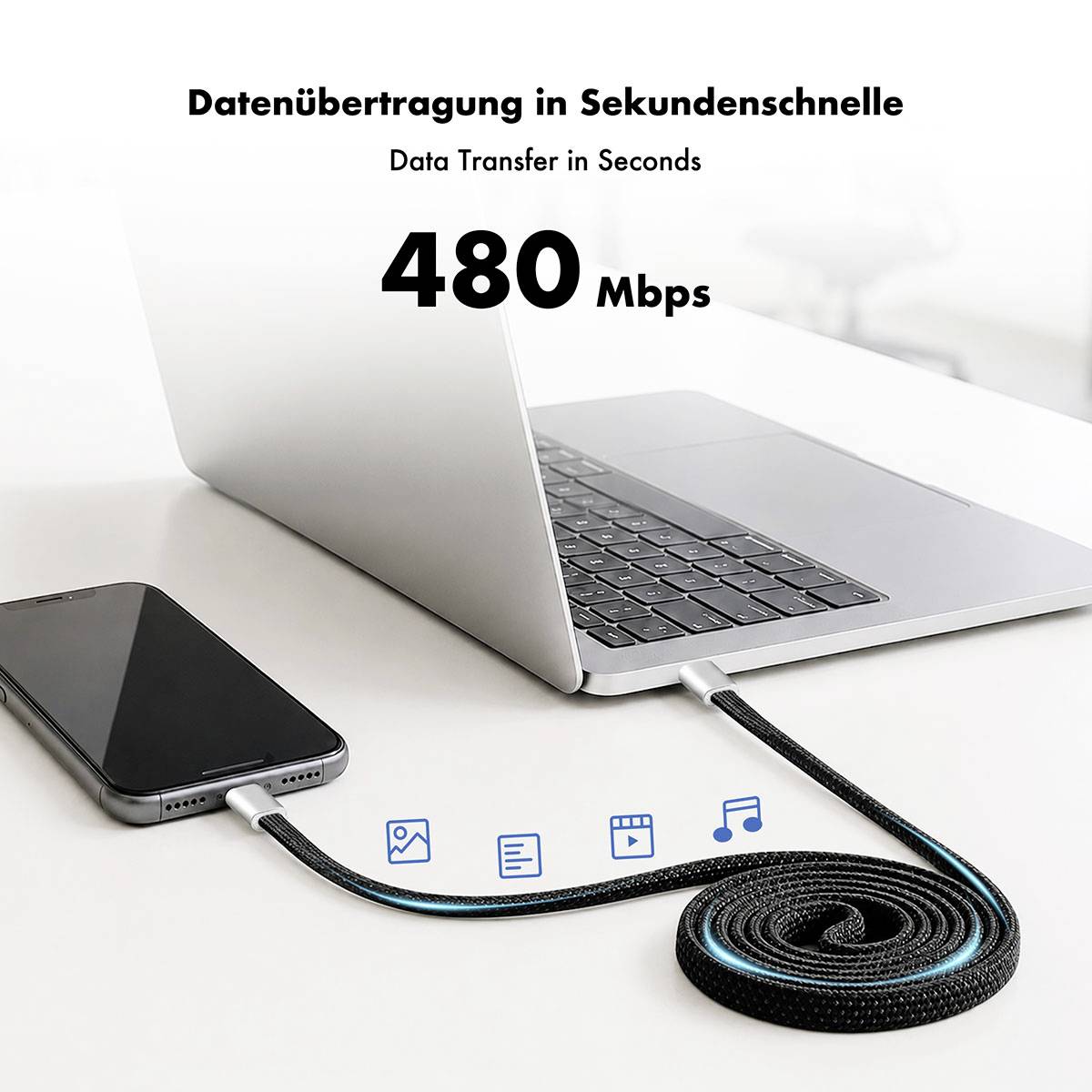 Bærbar computer overfører data med '480 Mbps' via et kabel fra en smartphone; teksten lyder 'Dataoverførsel på sekunder' og 'Dataoverførsel i lynhurtigt tempo'.