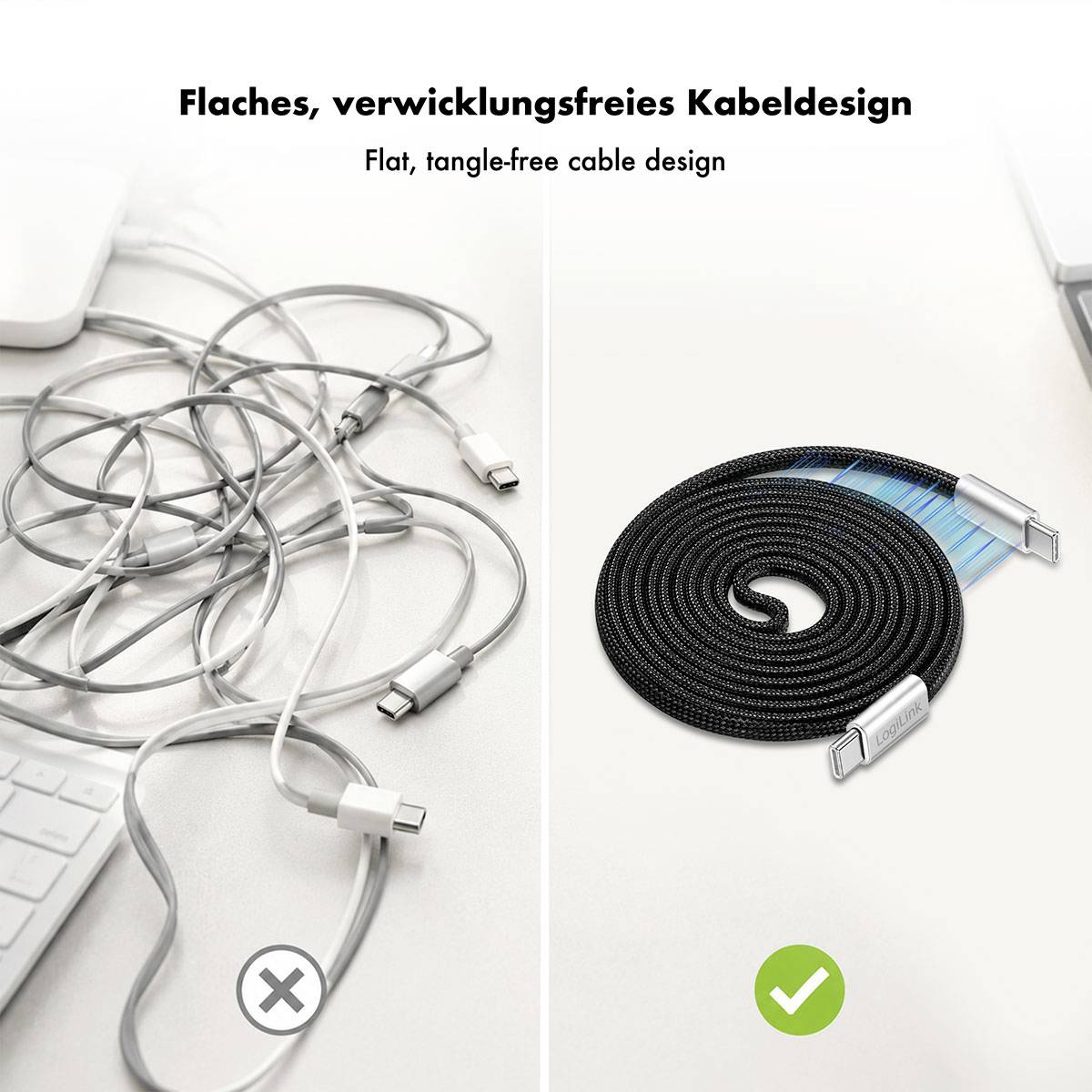 Sammenligningsgrafik, der viser rotede sammenfiltrede kabler markeret med et X mod et pænt oprullet fladt, sammenfiltringsfrit kabel markeret med en flueben; teksten lyder "Fladt, sammenfiltringsfrit kabeldesign".