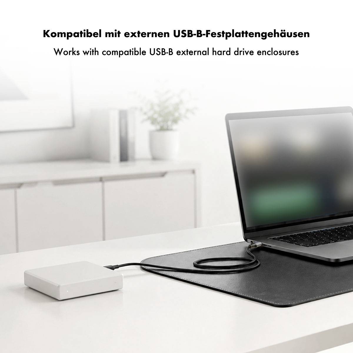 Bærbar computer forbundet via USB-kabel til et eksternt harddisk-kabinet, med tekst der siger "Kompatibel med eksterne USB-B harddisk-kabinetetter" og "Fungerer med kompatible USB-B eksterne harddisk-kabinetetter".