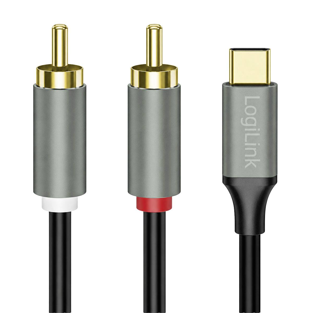 Tre audio-/videokabel vist side om side: to RCA-stik og en USB-C-stik mærket 'LogiLink'.