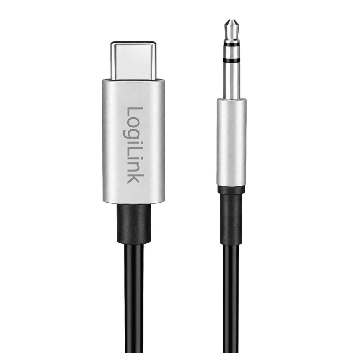 USB-C til 3,5 mm audioadapterkabel med Logitech-mærkning, vist med USB-C-stik og høretelefonstik-forbindelser.