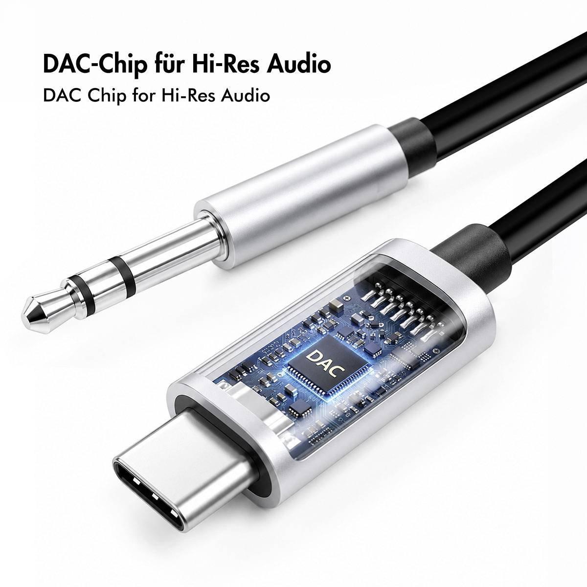 Illustration af en USB-C til 3,5 mm audio-adapter med indbygget DAC-chip, mærket 'DAC-Chip für Hi-Res Audio' og 'DAC Chip for Hi-Res Audio'.