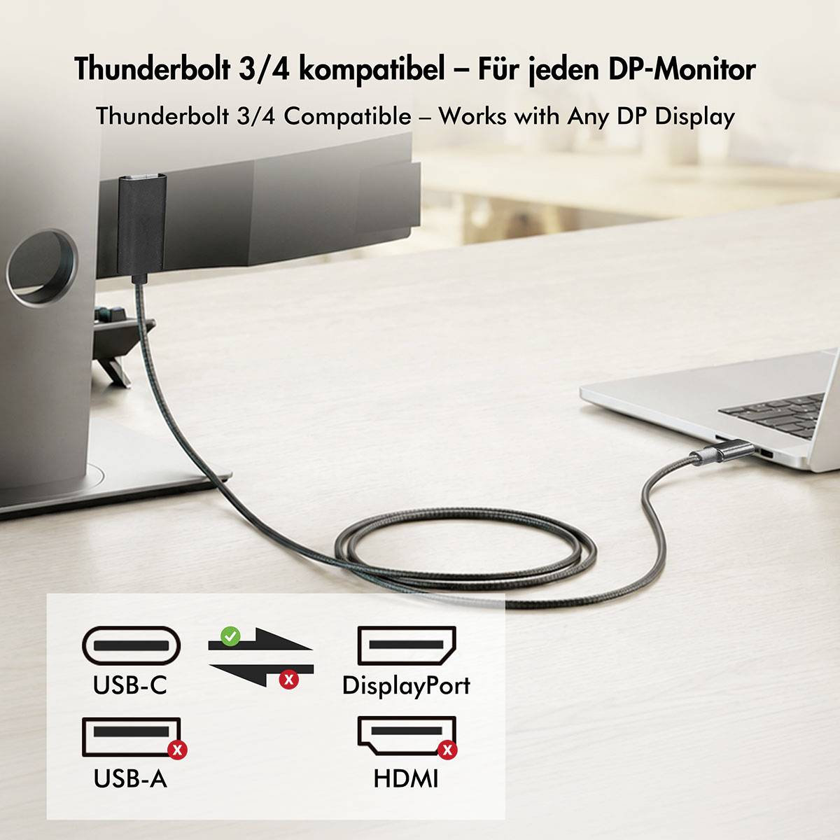 Thunderbolt 3/4-kompatibel dockingstation, der forbinder en bærbar computer til en DP-monitor; kun USB-C og DisplayPort understøttes, ikke USB-A eller HDMI.