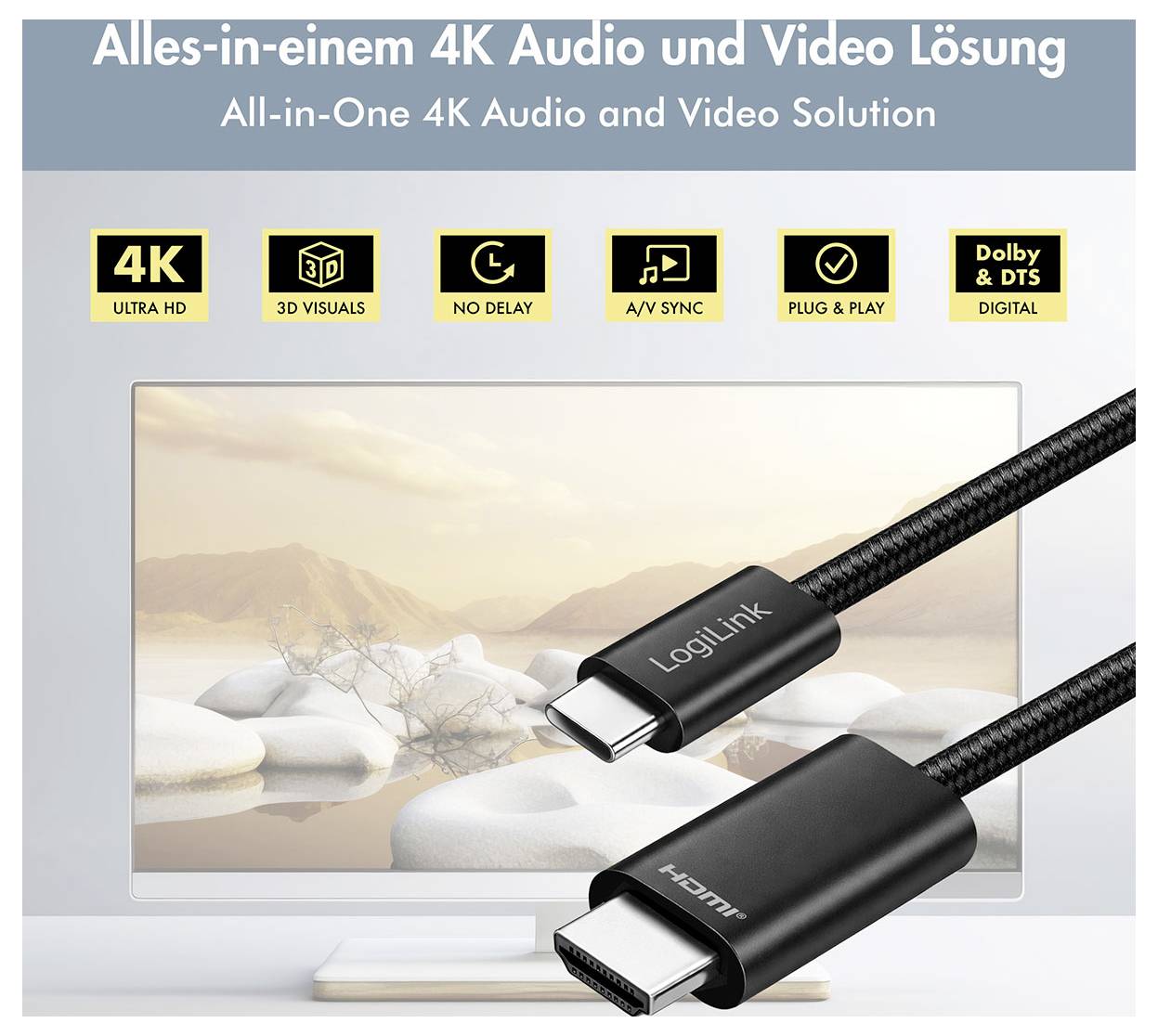 Kampagnegrafik for en alt-i-en 4K lyd- og videoløsning, der viser USB-C og HDMI-kabelstik foran et tv med funktionsikoner: 4K, 3D-visuals, ingen forsinkelse, A/V-synkronisering, plug and play, Dolby og DTS digital.
