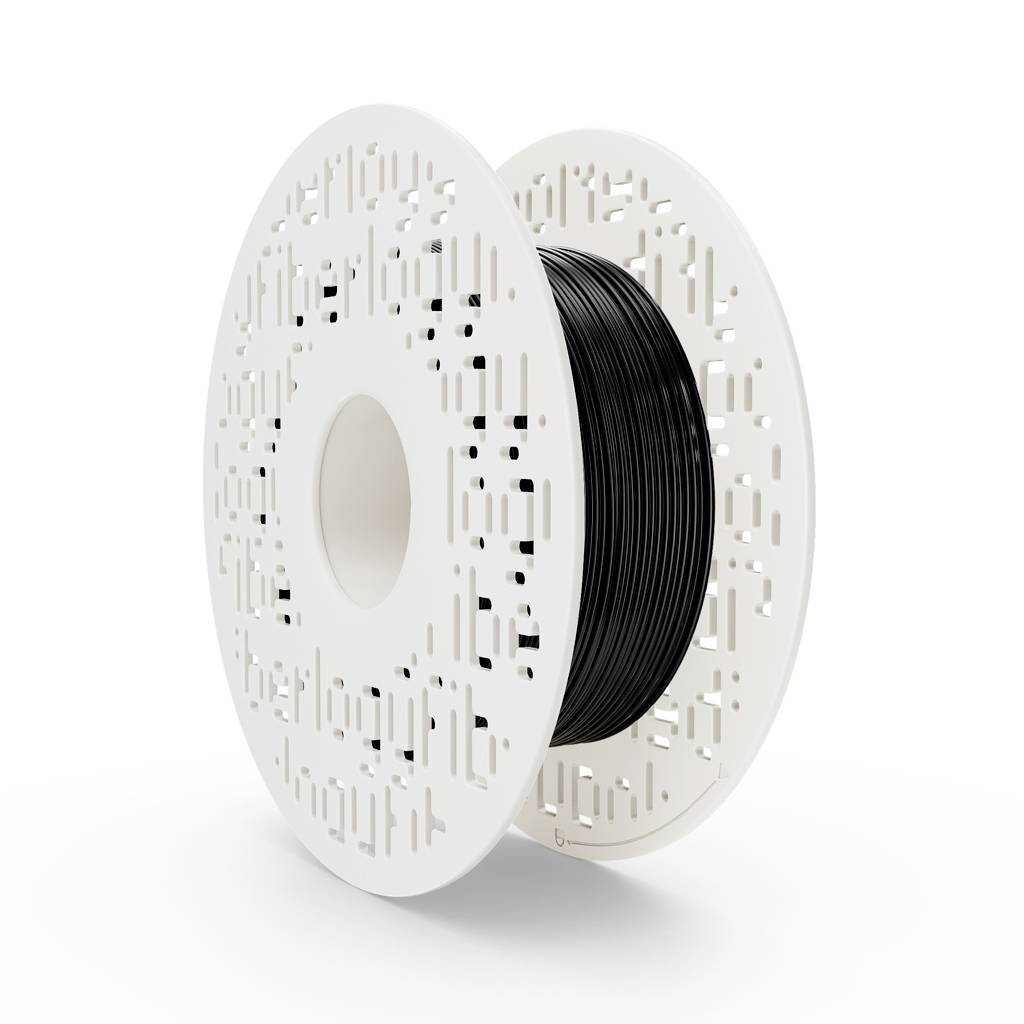 Hvid spole, der holder sort filament, vist i 3D på en plain baggrund.