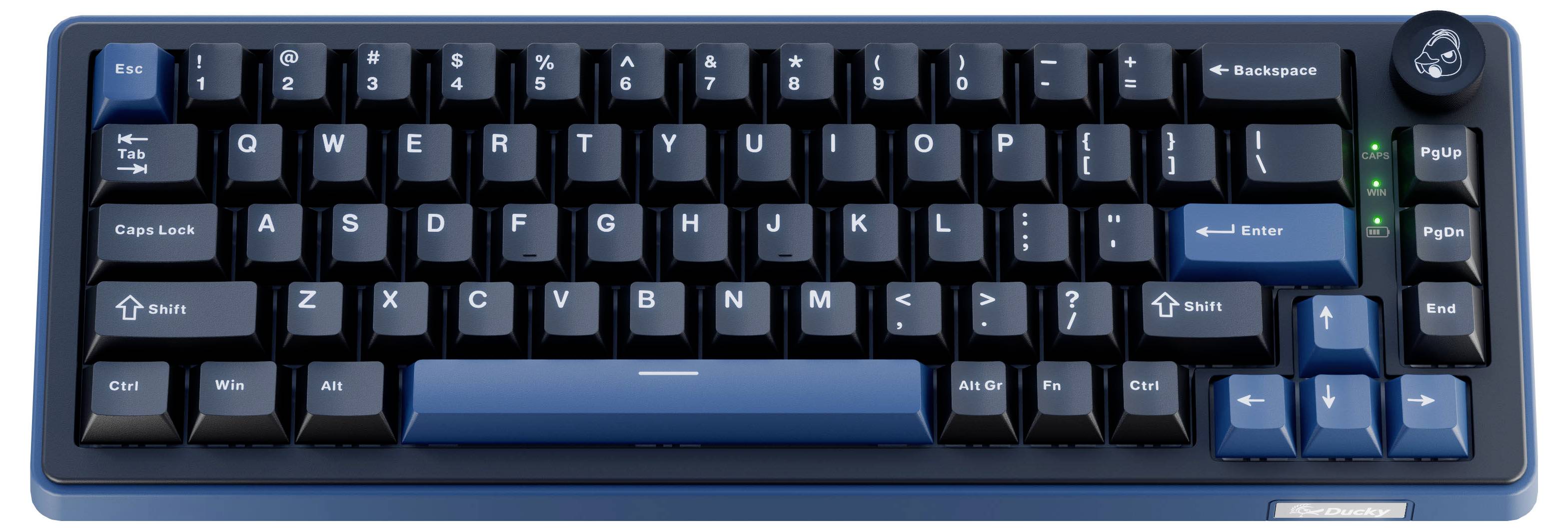 Et kompakt blåt mekanisk tastatur med sorte tastkapper, RGB-baglys, piletaster og et lydstyrkehjul øverst til højre, set fra oven.