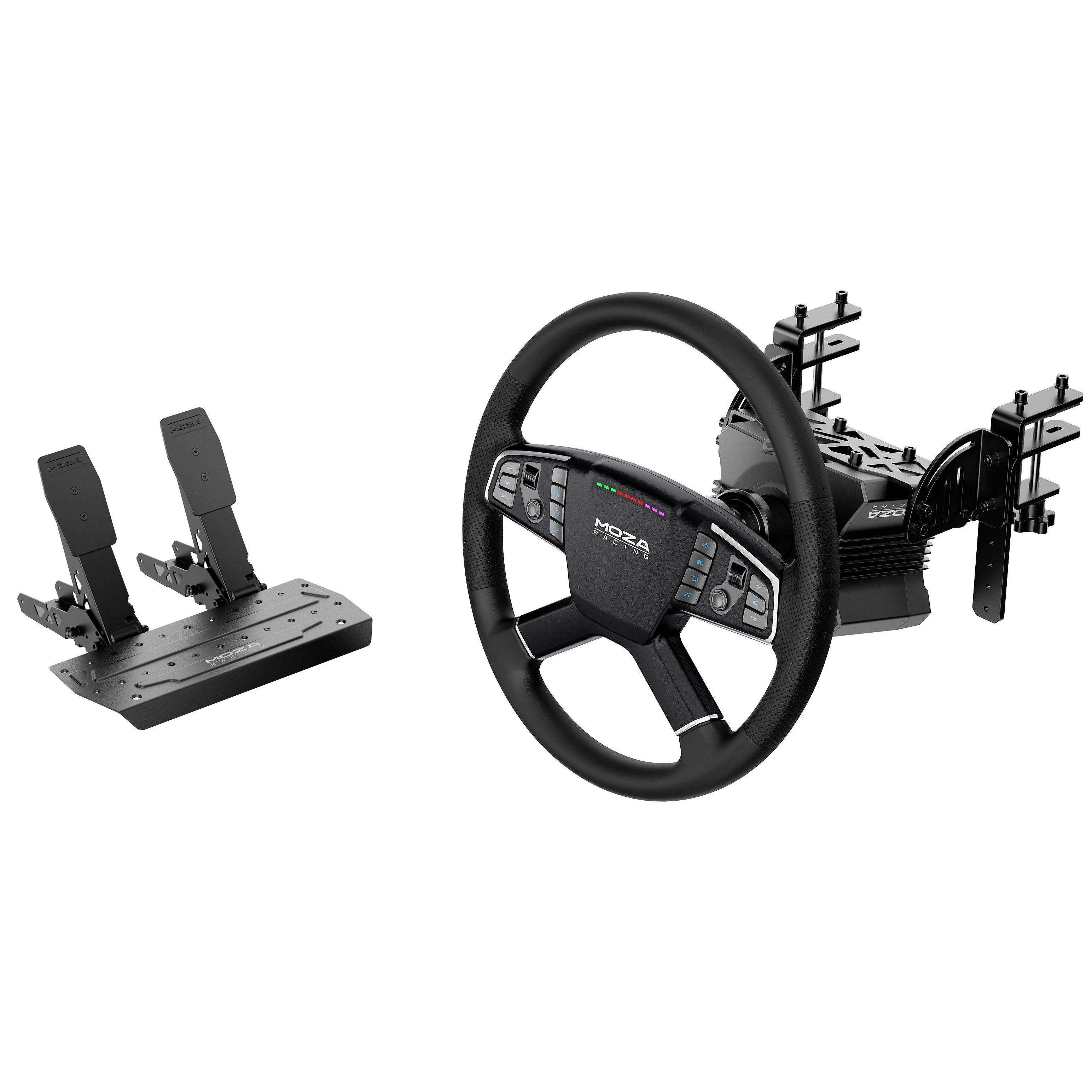 Simracingspedalæt og styrhjulbase med hjul vises som separate sorte racingcontrollkomponenter på hvid baggrund.