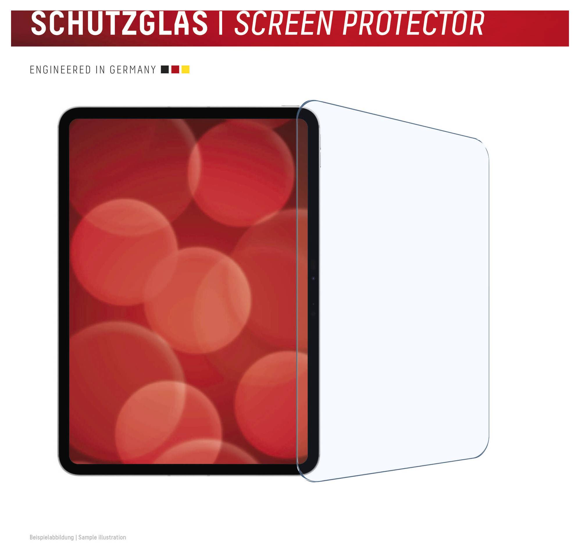 Skærmbeskytter vist ved siden af en tablet, med tysk tekst "SCHUTZGLAS | SCREEN PROTECTOR" og "ENGINEERED IN GERMANY".