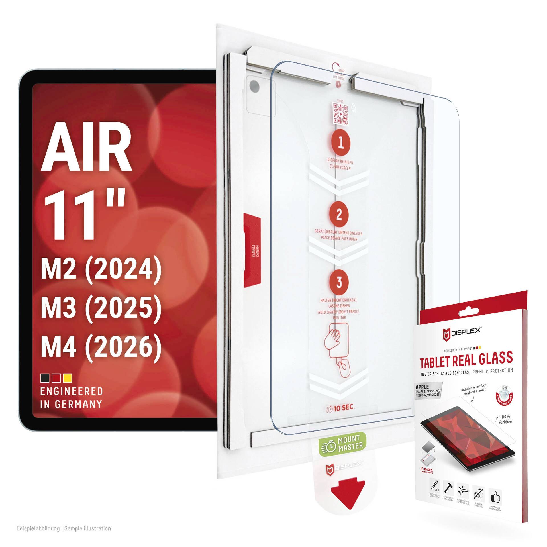 Illustration af en Air 11-tommer tablet skærmbeskytter pakke, mærket til M2 (2024), M3 (2025) og M4 (2026), med 'Tablet Real Glass' emballage og installationstrin vist.