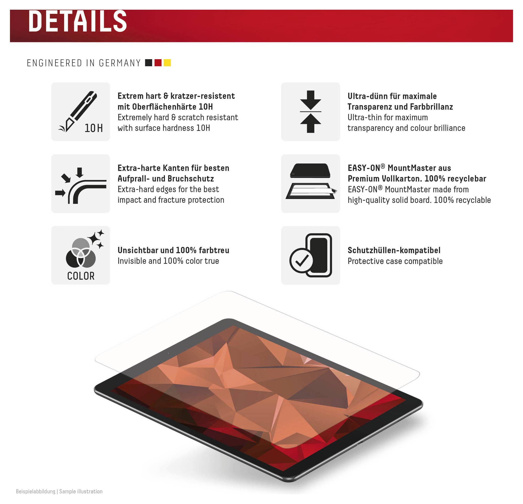 Produktdetaljer grafik til skærmbeskytter: ridseresistent 10H, ultratynde, ekstra hårdt kantbeskyttelse, transparent, kompatibel med etui, med tablet illustration