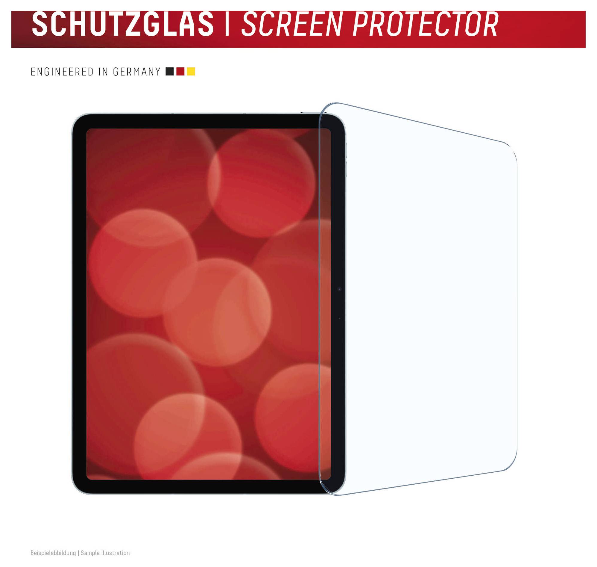 Tablet skærmbeskytter illustration med tysk tekst 'SCHUTZGLAS | SCREEN PROTECTOR' og 'ENGINEERED IN GERMANY', der viser en klar beskyttelsesfilm ved siden af en tablet-skærm.