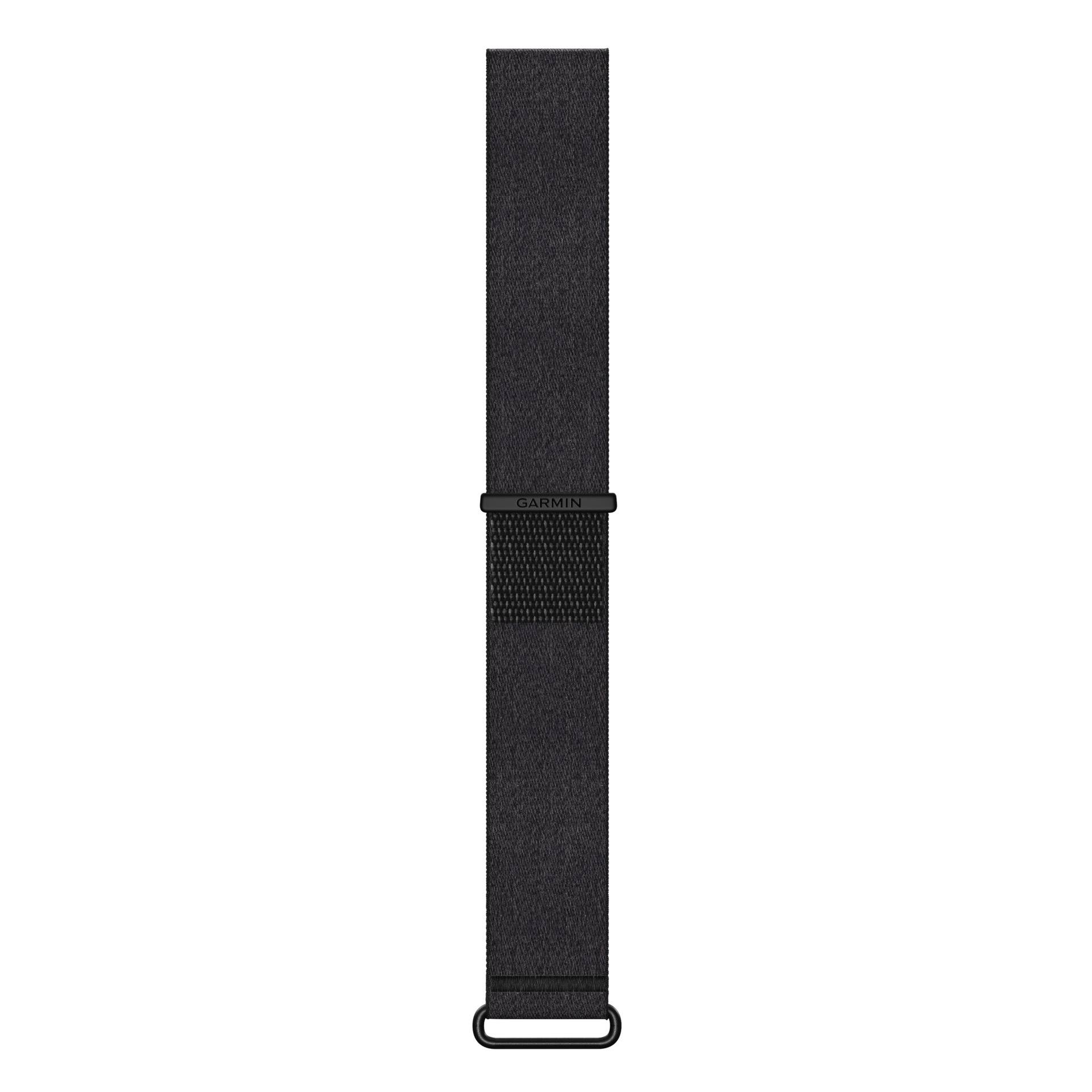 Sort Garmin smartwatch-rem med en løkket spænde, vist på en hvid baggrund uden mønstre.