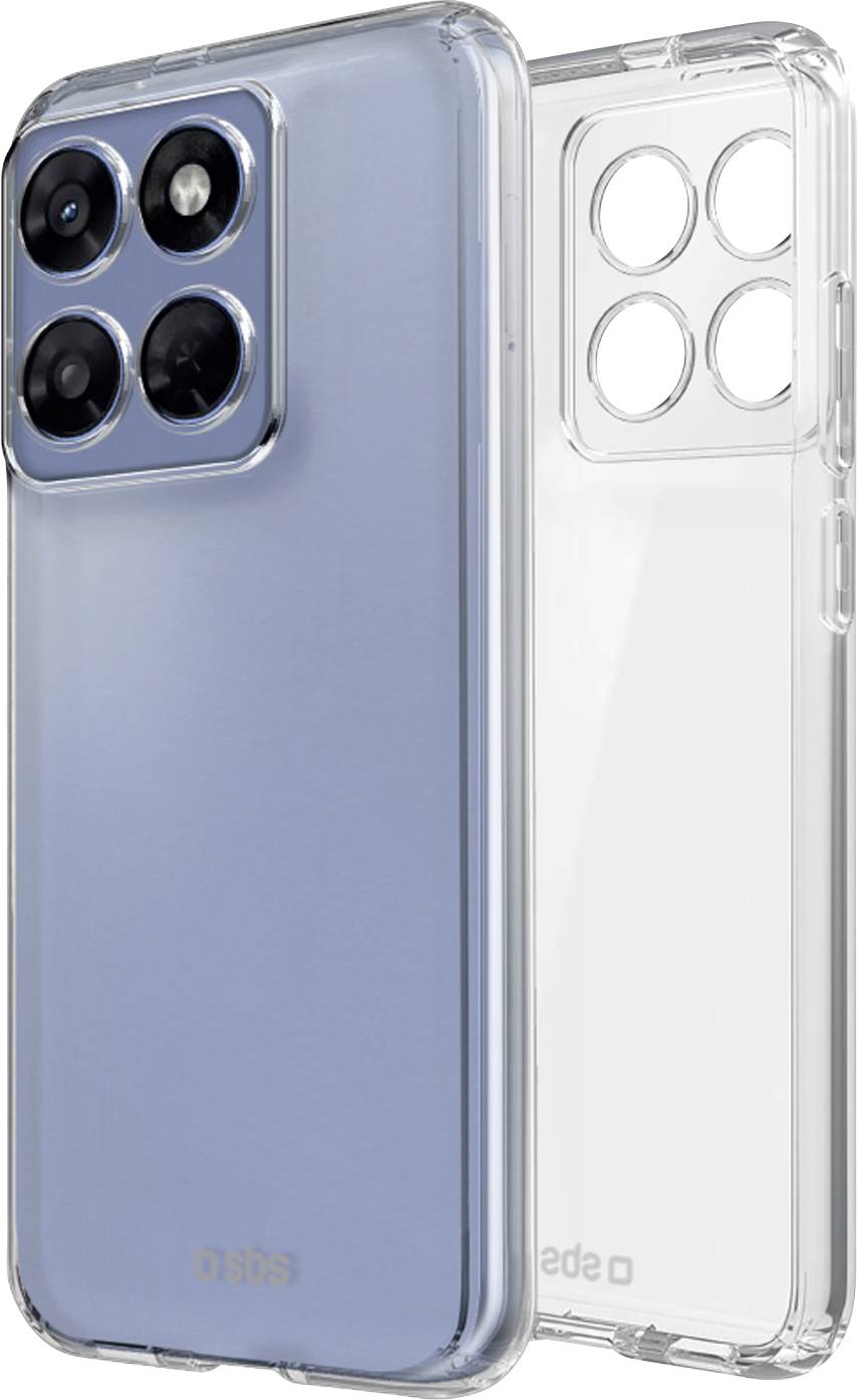 To transparent telefoncover vist over en blå smartphone, som fremhæver hævet kamerabeskyttelse og et slankt klart design.