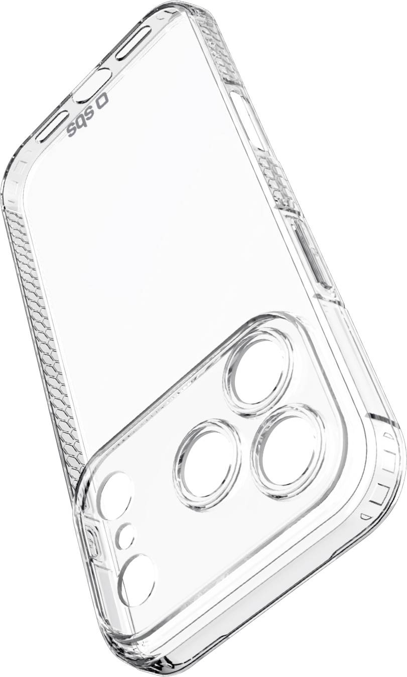 Transparent beskyttelsessmartphone-etui vist i en vinkel med udskæringer til et tredobbelt kameraobjektiv og sideknapper på hvid baggrund.