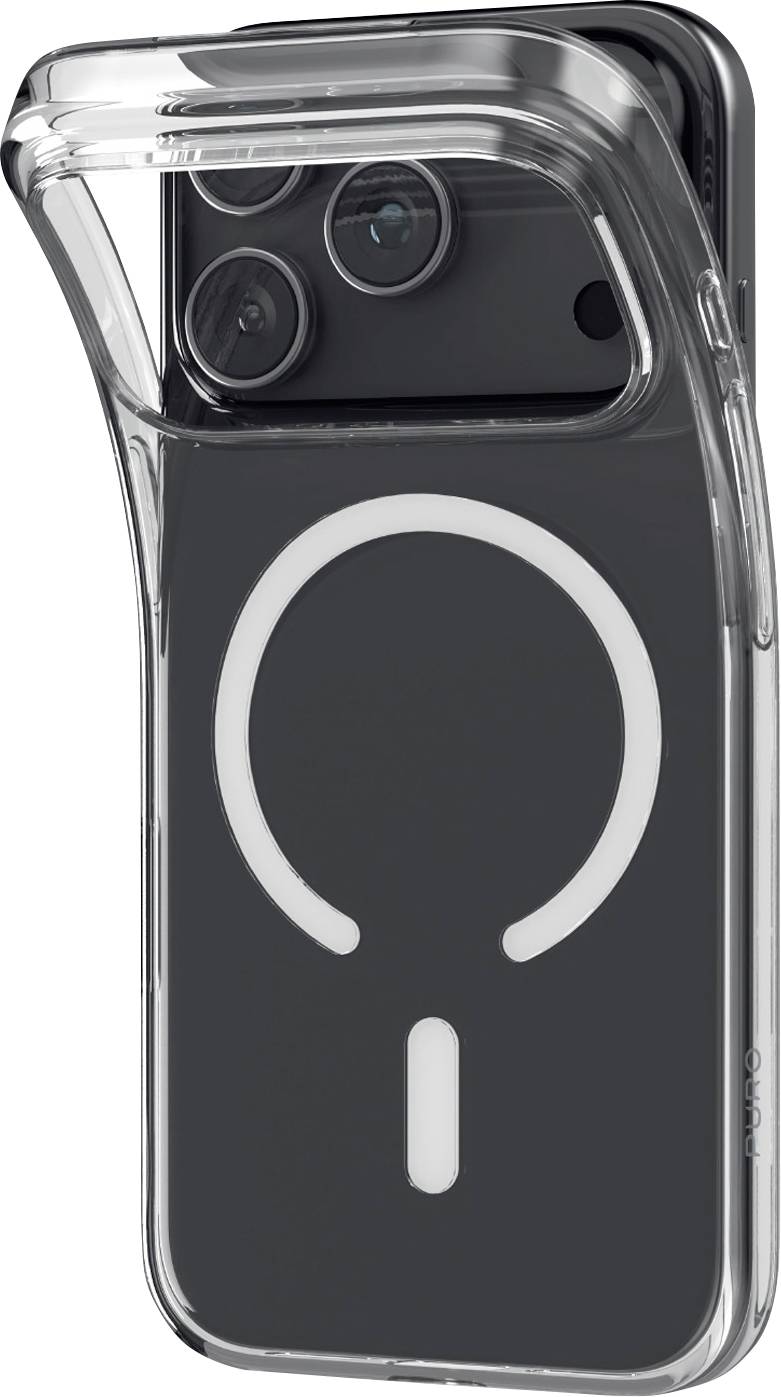 Gennemsigtig telefonetui med en løftet topflap, der viser en sort smartphone og et stort hvidt cirkulært logo på bagsiden.