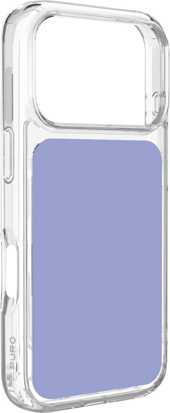 Klart smartphone-etui med et stort blåt MagSafe-lignende magnetisk panel på bagsiden, vist på en hvid baggrund.