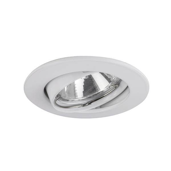 Hvid indbygningsloftlampe med justerbar kromglans reflektør på en neutral baggrund.