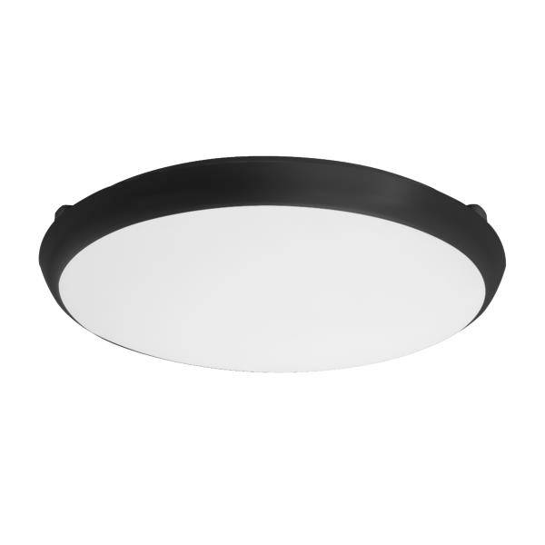 Rundt sort loftslampe med hvidt diffust panel på en neutral baggrund.