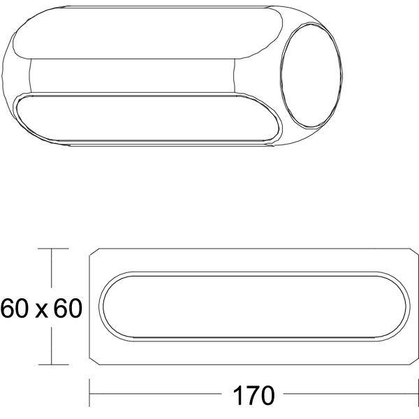 Teknisk tegning af en afrundet rektangulær kapselform, med top- og sidevisninger mærket 60 x 60 og 170.