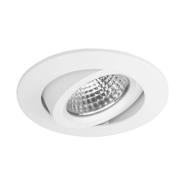 Hvidt indbygningsspot i loft med justerbar rund ring og facetteret reflektorlampe