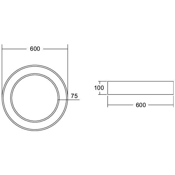 Teknisk tegning af en cirkulær ring og en rektangulær stang, mærket med dimensioner 600, 75 og 100.