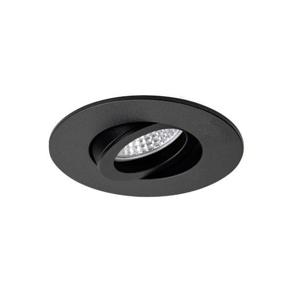 Sort indbygningsspot til loft med rund design, justerbar og synlig LED-pære inden i et vippet bånd