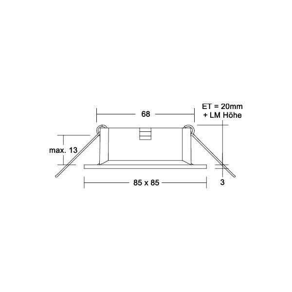 Teknisk dimensionssituation af en beslag- eller hængselsamling, der viser bredde 68, base 85 x 85, maks. 13, og ET = 20 mm + LM højde, med sidvinkler mærket 3.