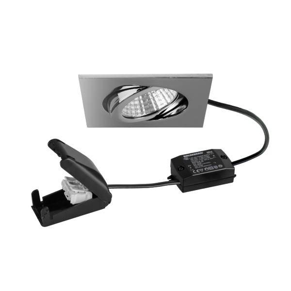 Firkantet indbygget LED-downlight-sæt med loftskarm, driver-boks og fjederclip på hvid baggrund.