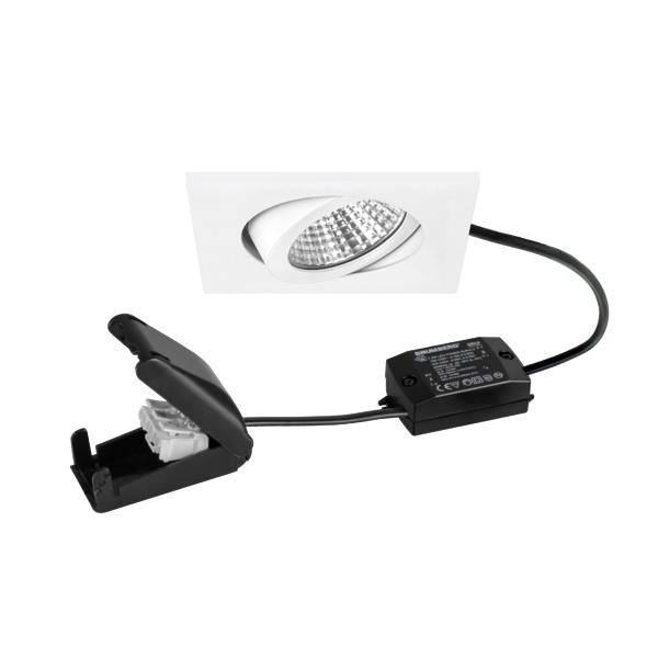 Indbygningsmonterbar LED-downlight-armatur med integreret driver og fjederklips-montering.