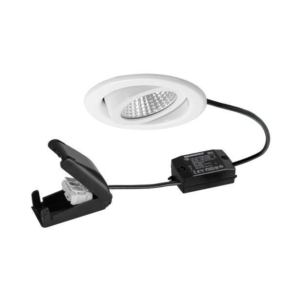 Nedsenket hvid LED-downlight med integreret driver og sort klemmekonnektor på hvid baggrund.