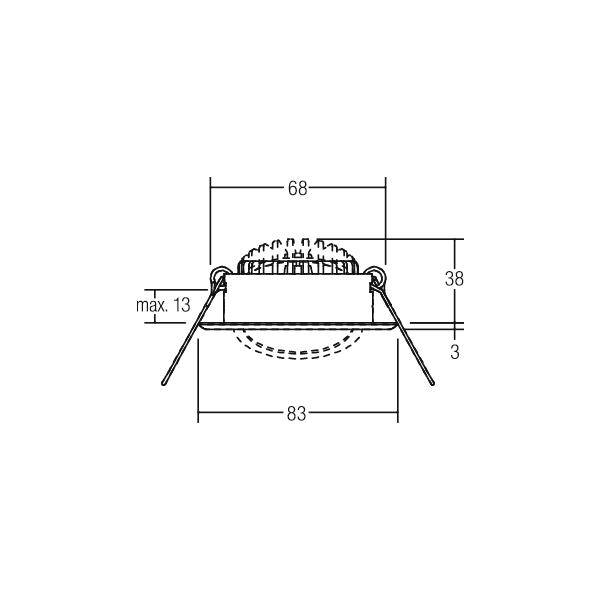 Teknisk dimensionstegning af en indsænket rund armatur med fjederklips, der viser 68 mm topbredde, 83 mm basisbredde, 38 mm højde og maksimalt 13 mm frirum.