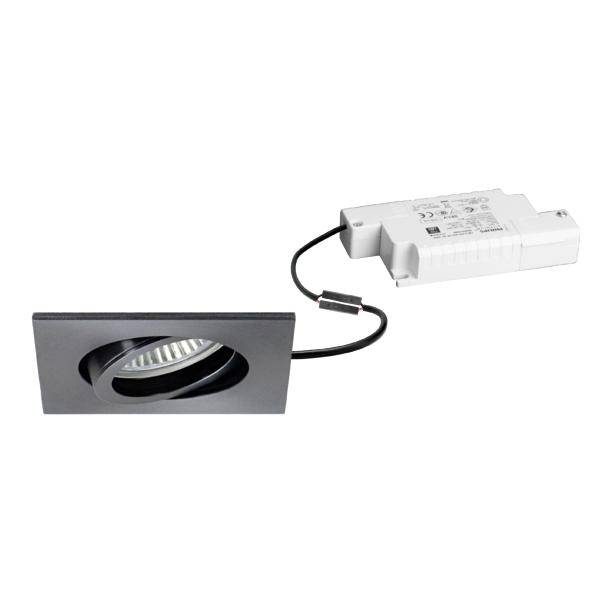 Indvendig kvadratisk sort LED-downlight med forbundet hvid drivermodul og kabel