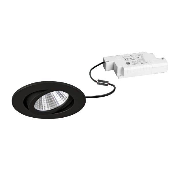 Sort indebygningslys med LED og tilsluttet hvid strømforsyning og kabel på hvid baggrund.