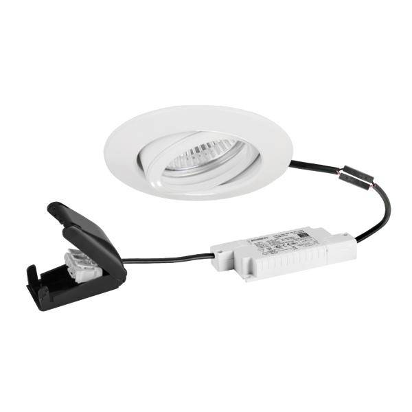 Hvidt indbygnings-LED-downlight-sæt med trim, driver og fjederklips på hvid baggrund.