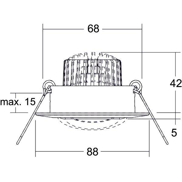 Teknisk tegning af et indbygningsarmatur med justerbare fjederclips, der viser dimensioner 68, 88, 42, maks. 15 og 5.