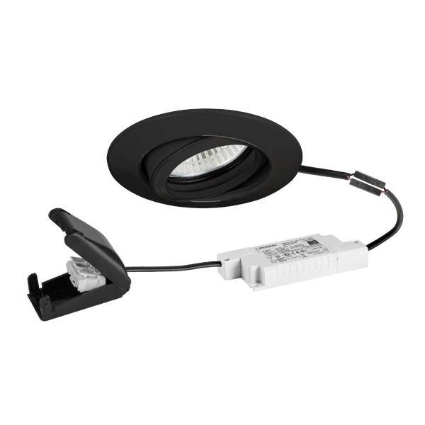 Sort indbygnings-LED downlight-kit med trim, driver og fjederklips på hvid baggrund.