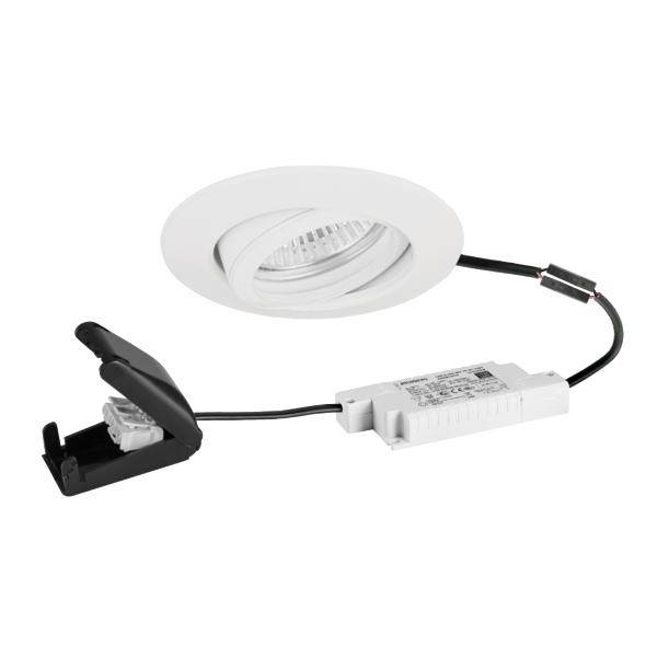 Hvid indbygningsmonterbar LED-downlight med justerbar vinkel, integreret driver og fjederklips til loftmontering.