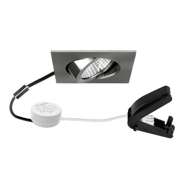 Indbygningsbelysning LED-kit med kvadratisk trim, tilsluttet driver og fjederclip til loftmontage.
