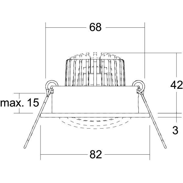 Teknisk linjetegning af et indbygningsarmatur til loft med fjederklips, viser dimensioner 68 bredde, 42 højde, 82 basisbrede, maks. 15 og 3 dybde.