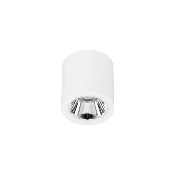 Hvidt cylindrisk indbygningsmontering til loftlampe med reflekterende indre overflade, vist på en ensfarvet hvid baggrund.